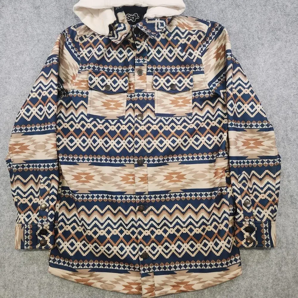 Saga Outerwear Jacket Mens Medium Aztec‎ Print Hooded Snowboard Ski Tan Navy